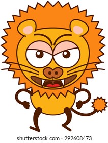 Cute lion in minimalistic style with rounded ears, bulging eyes, sharp teeth and long tufted tail while walking, frowning, clenching its fists and showing a very angry mood