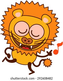 Cute lion in minimalistic style with rounded ears, bulging eyes, sharp teeth and long tufted tail while closing its bulging eyes, smiling, dancing and singing animatedly
