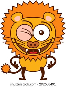 Cute lion in minimalistic style with rounded ears, bulging eyes, sharp teeth and long tufted tail while winking, smiling generously and making thumbs up