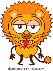 Cute lion in minimalistic style with rounded ears, bulging eyes, sharp teeth and long tufted tail while sticking its tongue out and showing a sad apathetic attitude
