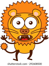 Cute lion in minimalistic style with rounded ears, bulging eyes, sharp teeth and long tufted tail while widely opening its bulging eyes, raising its arms and expressing surprise and fear