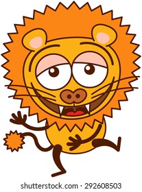 Cute lion in minimalistic style with rounded ears, bulging eyes, sharp teeth and long tufted tail while having fun and laughing animatedly