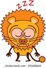 Cute lion in minimalistic style with rounded ears, sharp teeth, bulging eyes and long tufted tail sleeping placidly while standing up in a surprising and exhausted mood