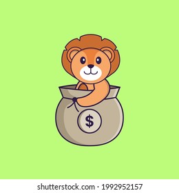 Cute lion in a money bag. Animal cartoon concept isolated. Can used for t-shirt, greeting card, invitation card or mascot.