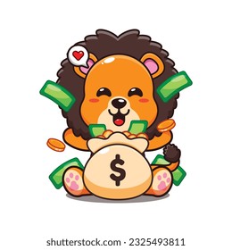 cute lion with money bag cartoon vector illustration.