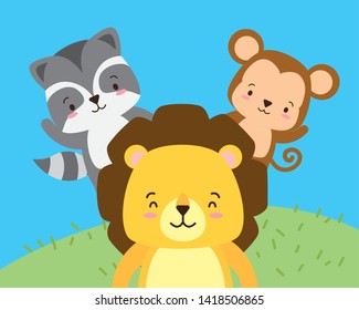 cute lion monkey and raccoon cartoon  vector illustration design