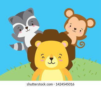 cute lion monkey and raccoon cartoon  vector illustration design