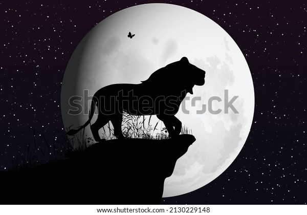 cute lion and moon\
silhouette illustration