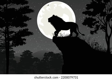 cute lion and moon silhouette landscape