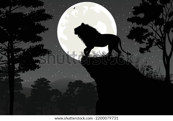 cute lion and moon\
silhouette landscape