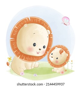 Cute lion mother and baby lion animal vector watercolor illustration