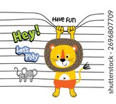 Cute lion and mouse playing together funny cartoon illustration