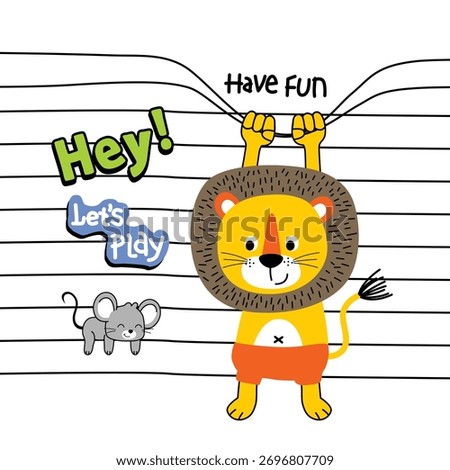 Cute lion and mouse playing together funny cartoon illustration