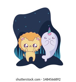 cute lion with narwhal baby animals kawaii style