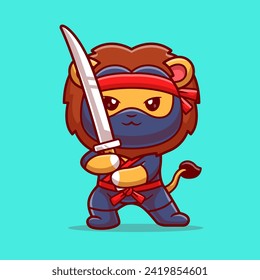 Cute Lion Ninja Holding Sword Cartoon Vector Icon
Illustration. Animal Holiday Icon Concept Isolated Premium
Vector. Flat Cartoon Style