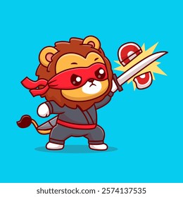 Cute Lion Ninja Slash Steak Meat With Katana Sword Cartoon 
Vector Icon Illustration. Animal Holiday Icon Concept Isolated 
Premium Vector. Flat Cartoon Style 