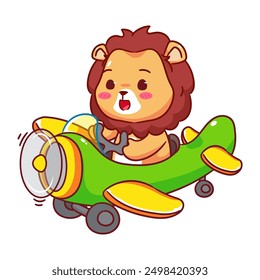 Cute Lion on Airplane Cartoon Vector Illustration. Kawaii Adorable Animal Pilot Concept Design. Travel And Transportation Themes. Isolated White Background.