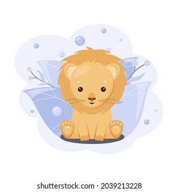 Cute lion on a background of blue leaves. Children's illustration of an animal in a cartoon style. 