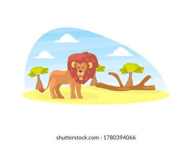Cute Lion on Beautiful African Landscape, Wild Animal in the Zoo or Safari Park Vector Illustration