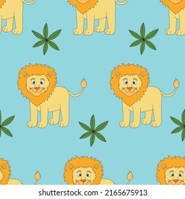 Cute lion on the blue background. Animal seamless pattern. Vector illustration.