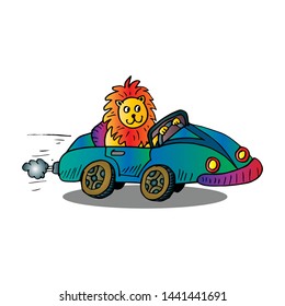 Cute lion on car. Cartoon illustration.