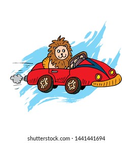 Cute lion on car. Cartoon illustration.