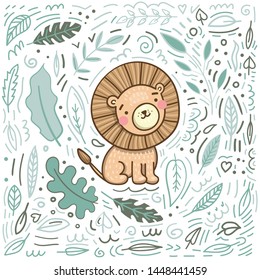 cute lion on doodle background with leaf