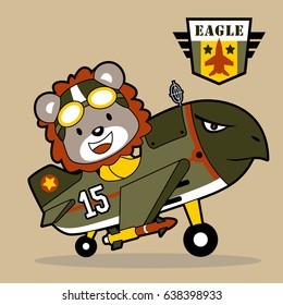 Cute lion on fighter jet with air force logo, vector cartoon illustration