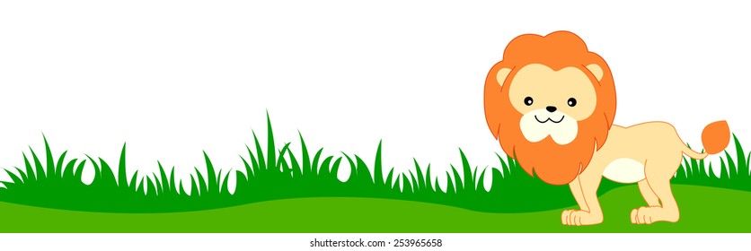 Cute Lion On Green Grass Web Page Border / Header / Footer Isolated On White Background Illustration