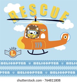 cute lion on helicopter, vector cartoon