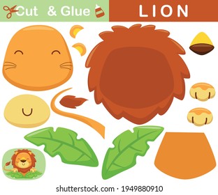 Cute lion on leaf. Education paper game for children. Cutout and gluing. Vector cartoon illustration