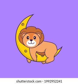 Cute lion is on the moon. Animal cartoon concept isolated. Can used for t-shirt, greeting card, invitation card or mascot.