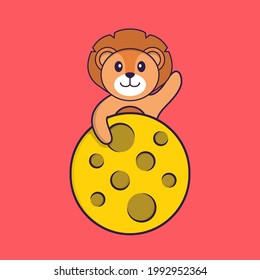 Cute lion is on the moon. Animal cartoon concept isolated. Can used for t-shirt, greeting card, invitation card or mascot.