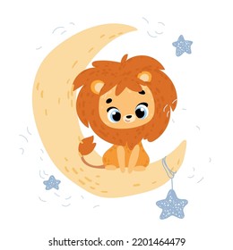 León lindo en la luna. Impresión vectorial para habitación infantil, tela, papel, tarjeta de felicitación, postal, tarjeta, camiseta, afiche, textil. Ilustración del vector