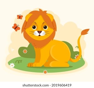 Cute lion on a pink background. Wild animal runs after butterflies in jungle. Children illustration for printing on fabric and paper. Cartoon flat vector illustration isolated on a white background
