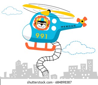 Cute lion on rescue helicopter, vector cartoon illustration