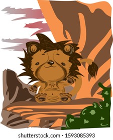Cute lion on the rock. Vector illustration  for kids theme. Edicational pics