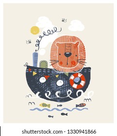 Cute lion on the ship cartoon hand drawn vector illustration. Can be used for baby t-shirt print, fashion print design, kids wear, baby shower celebration greeting and invitation card.