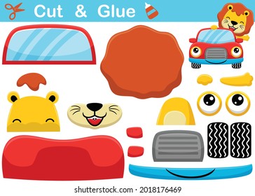 Cute lion on smiling car. Cutout and gluing. Vector cartoon illustration