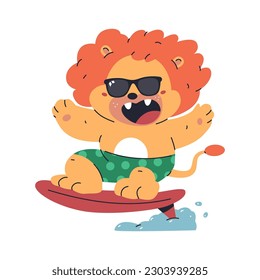 Cute lion on surfboard vector cartoon character isolated on a white background.