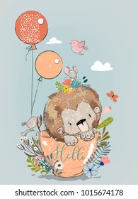 cute lion on tea cup with balloons
