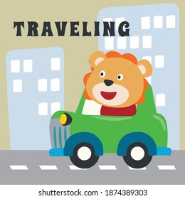 Cute lion on transport, transportation vehicle drivers character. Creative vector childish background for fabric, textile, nursery wallpaper, poster, card, brochure. and other decoration.