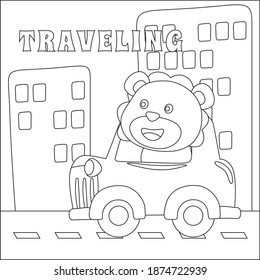 Cute lion on transport, transportation vehicle drivers character. Cartoon isolated vector illustration, Creative vector Childish design for kids activity colouring book or page.