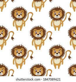 León lindo con fondo blanco. Safari de animales salvajes de estilo plano. Mamíferos de dibujos animados para páginas web.
Ilustración vectorial de existencias para la decoración, el diseño, los tejidos para bebés y
fondo de pantalla