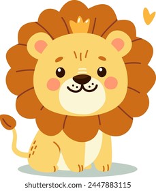 Cute lion on white background wearing a crown. Flat vector illustration in children's style 