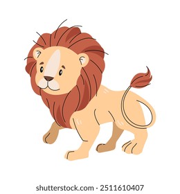 Cute lion on white background. Cartoon african animal in flat style. Safari collection. Vector children's illustration for clothes, fabric, greeting cards, stickers, etc.