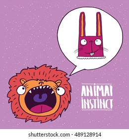 Cute lion with open mouth, dreams of a rabbit. Animal instinct concept. Handmade cartoon style. Vector illustration