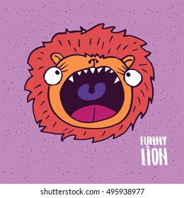 Cute lion with open mouth on slightly desaturated magenta background. Lettering funny lion. Handmade cartoon style. Vector illustration