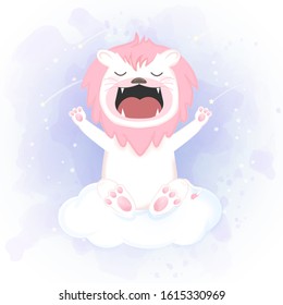 Cute lion open mouth yawning and stretching drawn cartoon animal illustration watercolor background