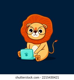 Ilustración de dibujos animados de portátiles de operación Cute lion, concepto de icono de tecnología animal